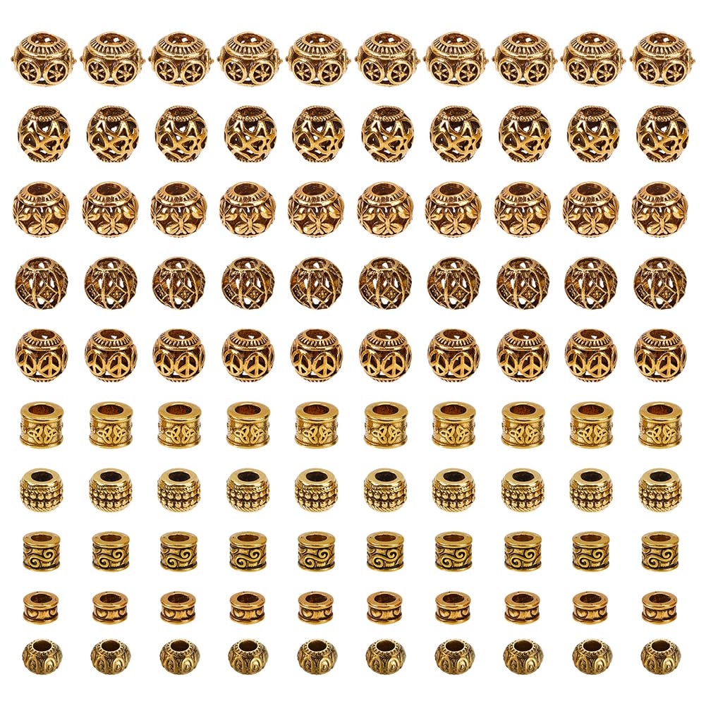 NBEADS 100 Pcs 10 Styles Alloy European Beads, Large Hole Tibetan Style Metal Spacer Beads for Bracelet Jewelry Making, Hole: 4-5.5mm, Antique Golden