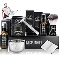 Men’s Shaving Kit with Safety Razor, Sandalwood Shaving Cream, Aftershave, Pre-Shave Oil, Shave Brush & Bowl, Apron Bib – Pre