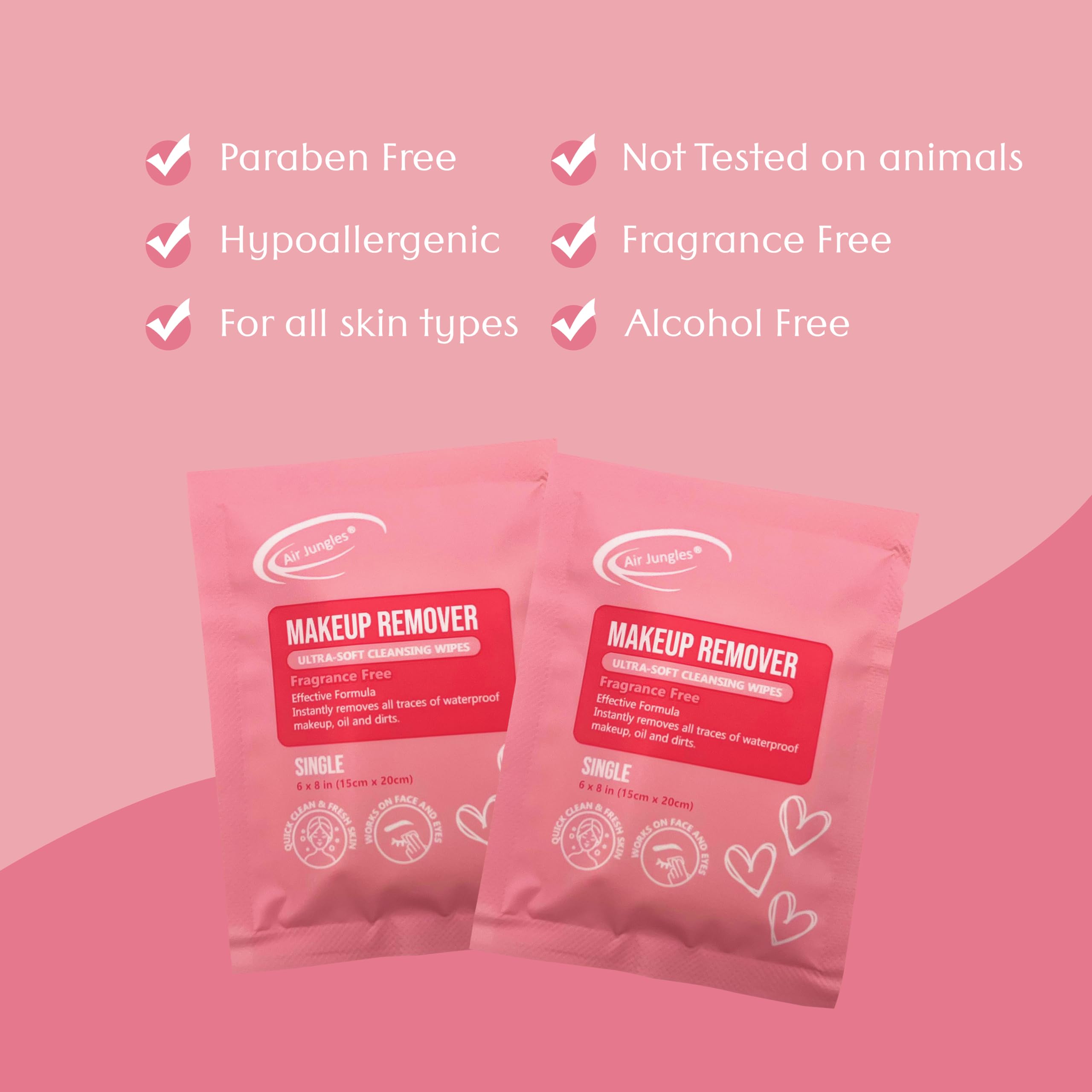 Air Jungles Makeup Remover Wipes Single Wrapped, 25 Ct, Mini Travel Size for Cleansing Face and Eyes, Fragrance-Free, Alcohol-Free, Infused with Vitamin E for All Type Skin