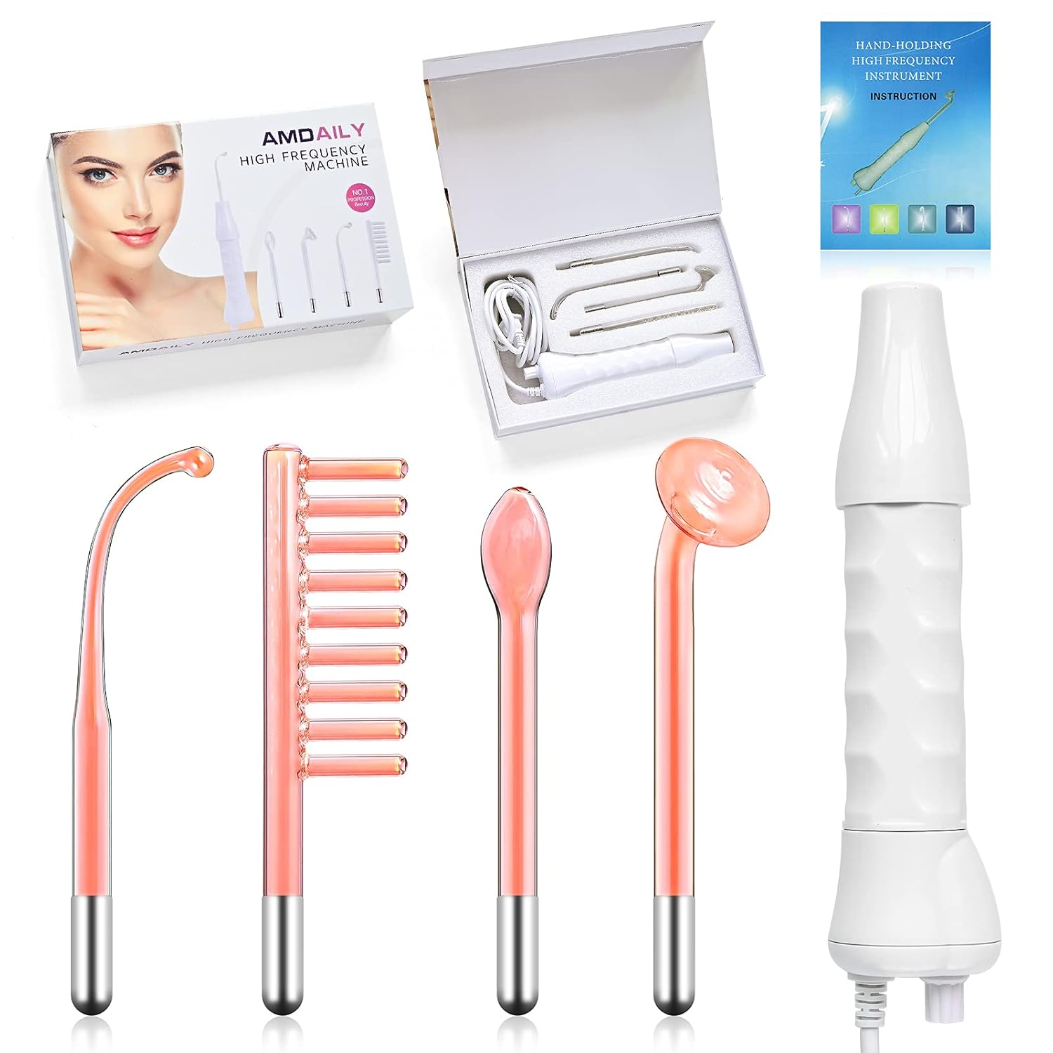 High Frequency Machine, AMDAILY Portable Handheld High Frequency Facial Wand w/Neon for Personal Beauty Acne Spot Wrinkles Remover Eyes Body Care Hair Follicle Stimulator 4-in-1: Beauty