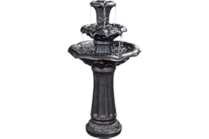 Teamson Home Lily Flower Floor Pedestal 3 Tiered Floor Waterfall Fountain with Pump for Outdoor Patio Garden Backyard Decking, 38 Inch Height, Dark Gray