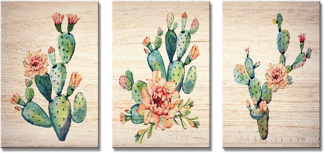 YPY 3 Panels Abstract Cactus Watercolor Picture on Wooden Texture for Living Room Decor (Cactus, 20x30in)