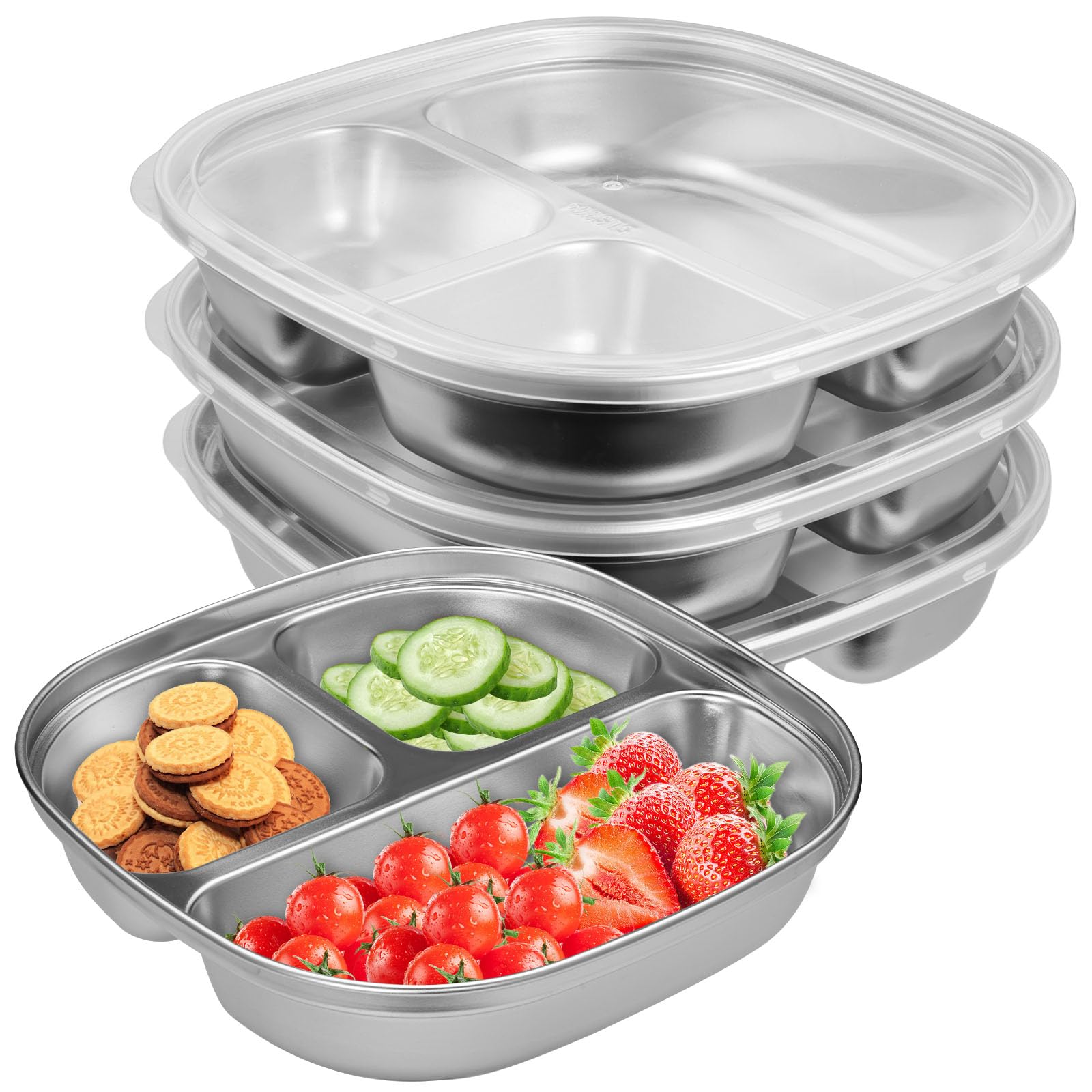 Photo 1 of 3 Piece Stainless Steel Divided Plate with Lids, Portion Control Platter with 3-Compartment Unbreakable Dinner Plates Divided Food Tray Stainless Steel Plate for Adults Kids Camping Lunch Dinner