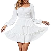 Amoretu Women’s Square Neck Long Sleeve Dress Tiered Ruffle A-Line Flowy Mini Dresses with Pockets