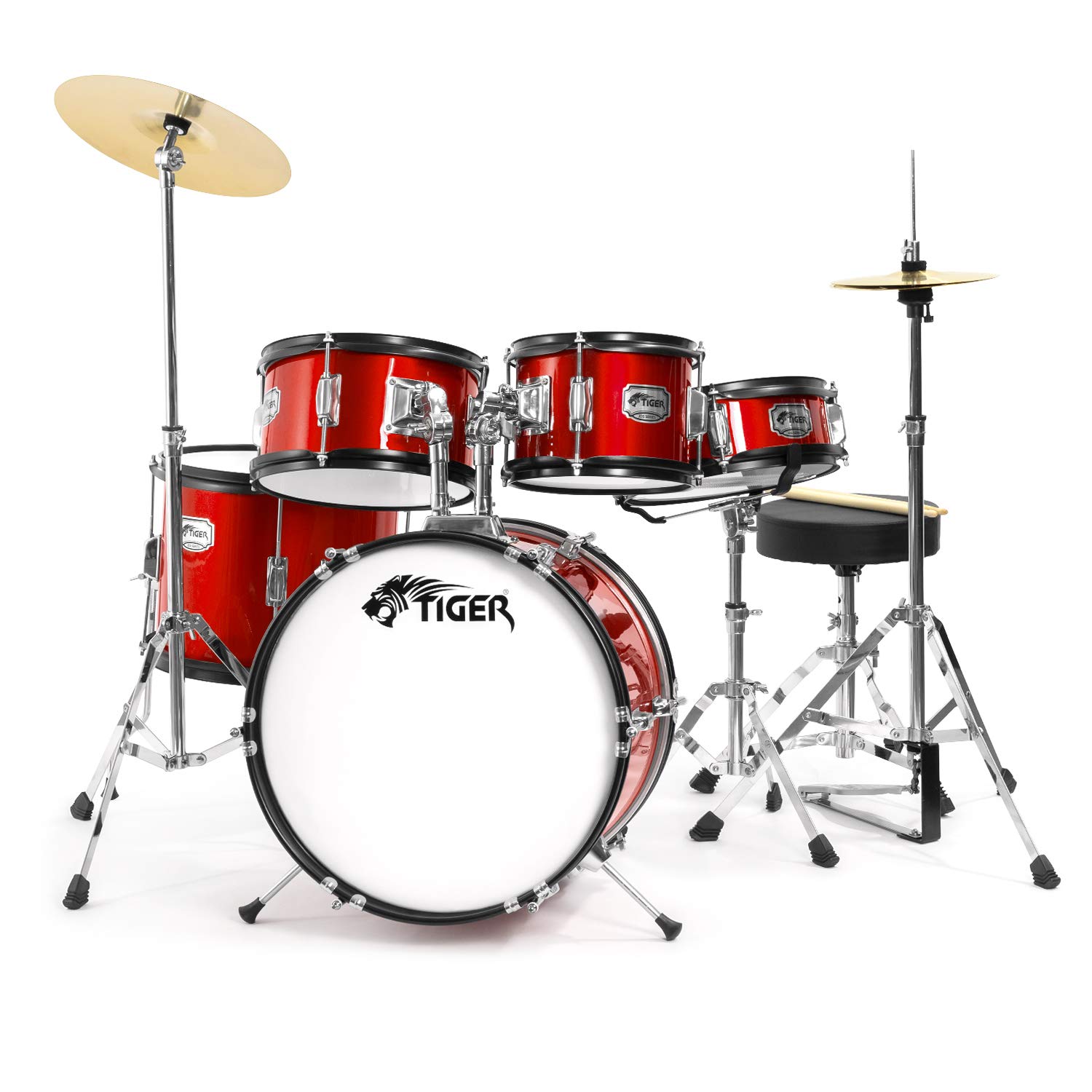 TIGER JDS14-RD 5-Piece Junior Drum Kit Set for Kids with Snare, Toms, Bass Drum, Bass Drum Pedal, Hi-Hat and Crash Cymbals, Throne and Sticks - Red