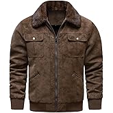 HOOD CREW Mens Faux Suede Bomber Jacket Fur Collar Vintage Leather Jackets Casual Lightweight Winter Warm Fleece Lined Coat