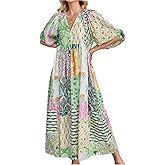 CHARTOU Women Boho Floral Printed Long Dress Summer Lantern Half Sleeve Beach Flowy Loose Swing Sundress