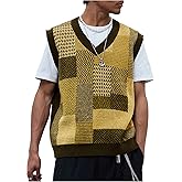 OYOANGLE Men's Vintage Plaid Print Sweater Vest Sleeveless V Neck Pullover Knit Tank Tops
