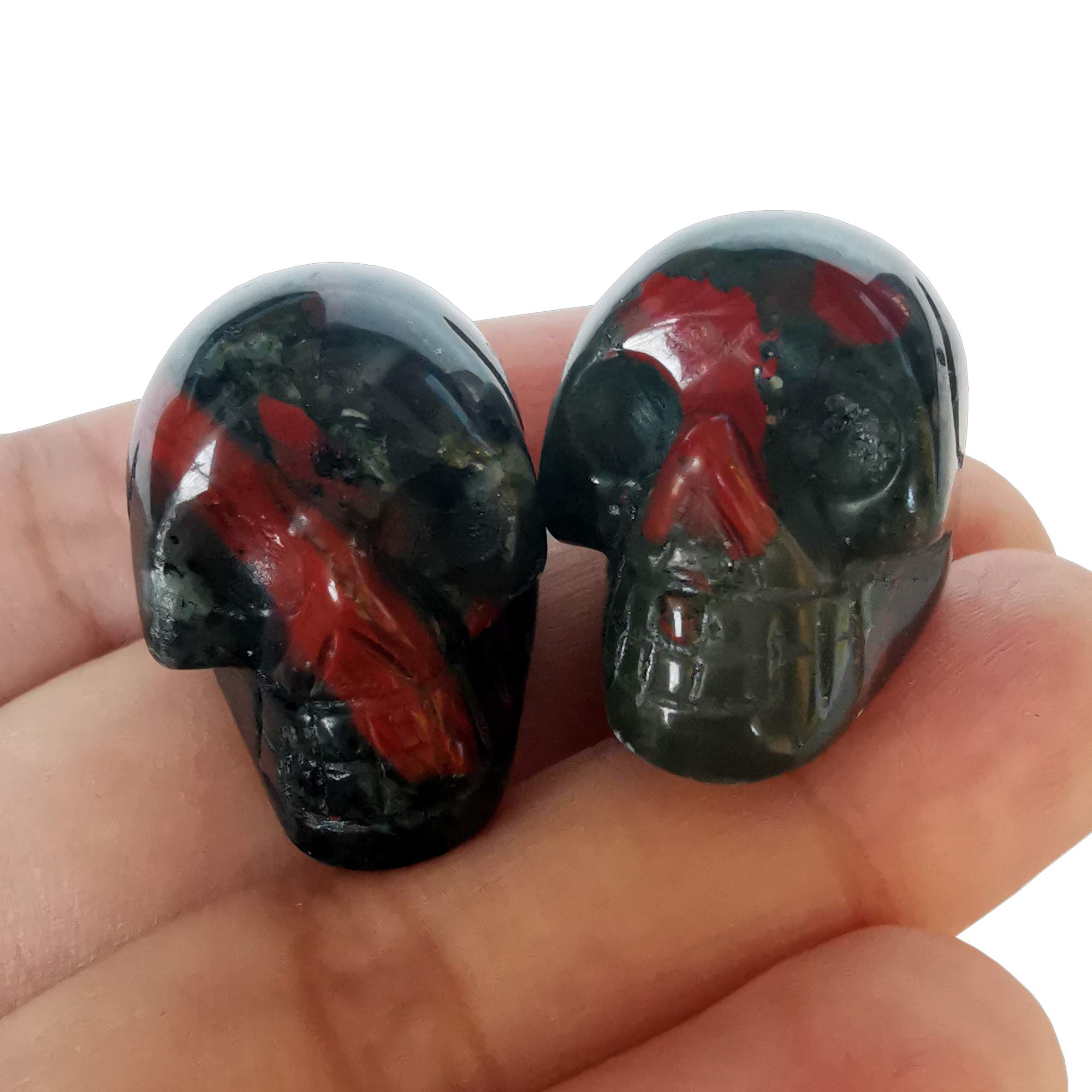 Manekieko 2 Pcs Natural African Bloodstone Mini Crystal Human Skull Figurines,25mm Handcarved Crystals and Healing Stone Room Decor Gemstone