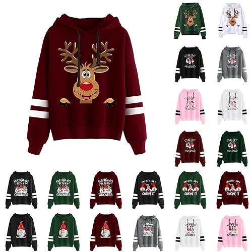 Celucke Women's Christmas Hoodies Sweatshirts UK, Ladies Christmas Reindeer Hooded Jumpers, Funny Print Graphic Sweatshirt, Long Sleeve Novelty Hoodies, X-mas Holiday Going Out Pullover Tops