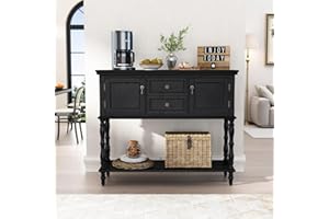 IDEALHOUSE Console Table for Entryway – 12" Deep Sofa Table with 2 Drawers, 2 Cabinets & Open Shelf, Mid-Century Retro Design