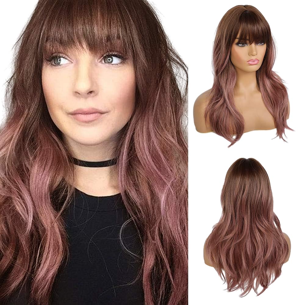 EMMOR Long Purple Pink Wigs With Bang for Women, Natural Looking Wavy Hair Synthetic Ombre Wigs, Finer/Lightweight/Heat Resistant for Everyday/Party/Cosplay (20 Inch)