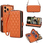 Rssviss Crossbody Case for iPhone 17 Pro Max Case Wallet, RFID Blocking Leather with Card Holder Kickstand, Handbag Zipper Flip Cover with Wrist Strap for iPhone 17 Pro Max Men Women 6.9", Orange