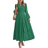 BTFBM Spring Dresses for Women 2026 Casual Long Sleeve V Neck Elastic Waist Lightweight Maxi Wedding Guest Dress Pockets
