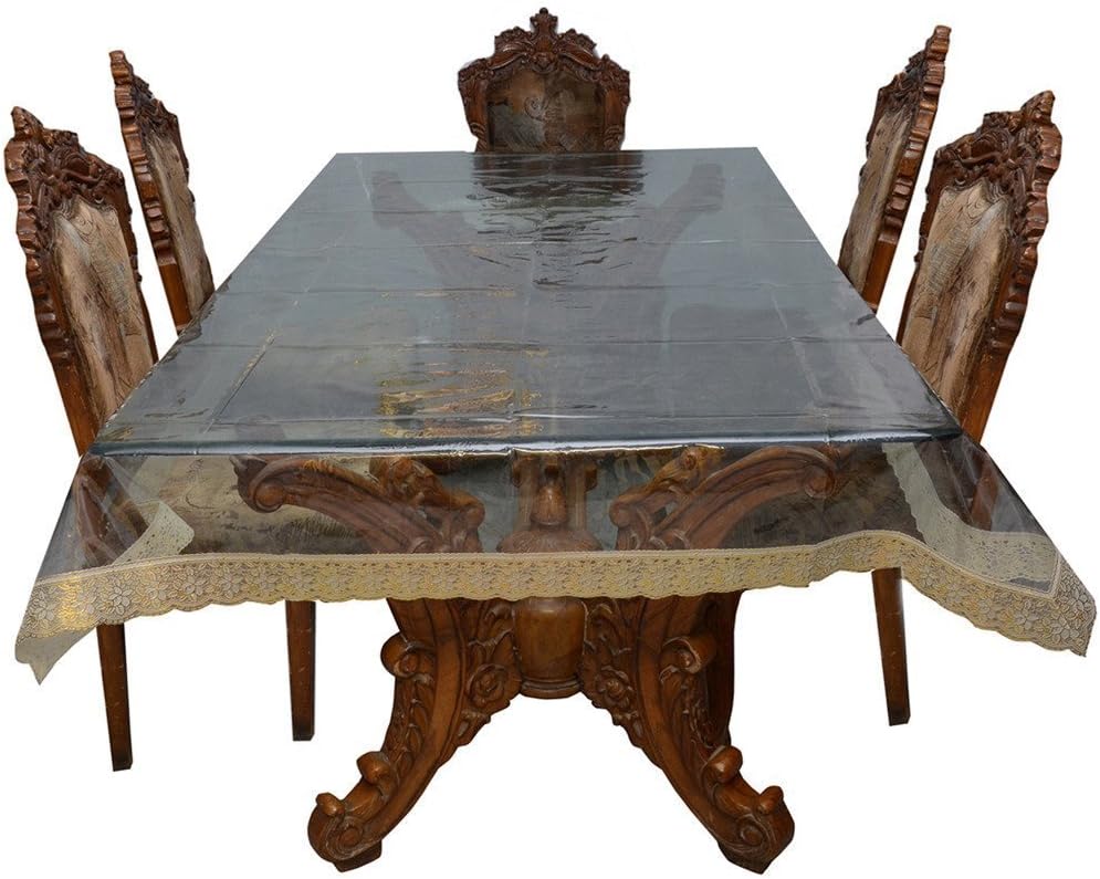 Griiham 10 Seater Transparent Dining Table Cover 80 GSM Thick with Heavy Lace Border