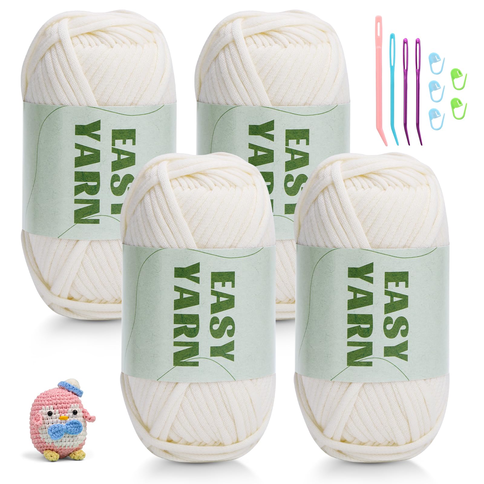 4x50g Crochet Yarn Chunky Yarn for Crochet, Easy Yarn Thick Yarns for Crochets with Easy-to-See Stitches, Stitch Markers, Easy Crochet Starter Kit for Beginners- White — image 1