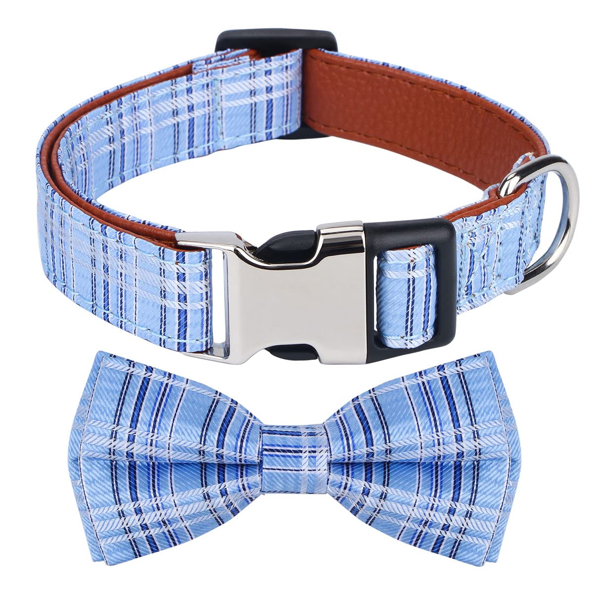 Rhea Rose Dog Collar with Bow Tie for Girl or Boy Gift Soft Durable Bowtie Blue Tartan Plaid Small