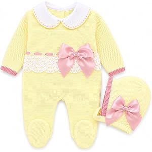Knit Newborn Girl Yellow Old Pink Clothes Set, Coming Home Infant Knit Outfit 3 pieces