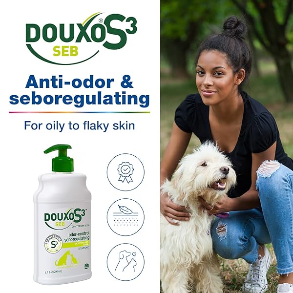 DOUXO S3 SEB SHAMPOO, CONTAINS 0.5% OPHYTRIUM, ODOR CONTROL & SEBOREGULATING, FOR OILY TO FLAKY SKIN, SEBORRHEA, FOR DOGS AND CATS, 16.9 FL. OZ. (500ML)