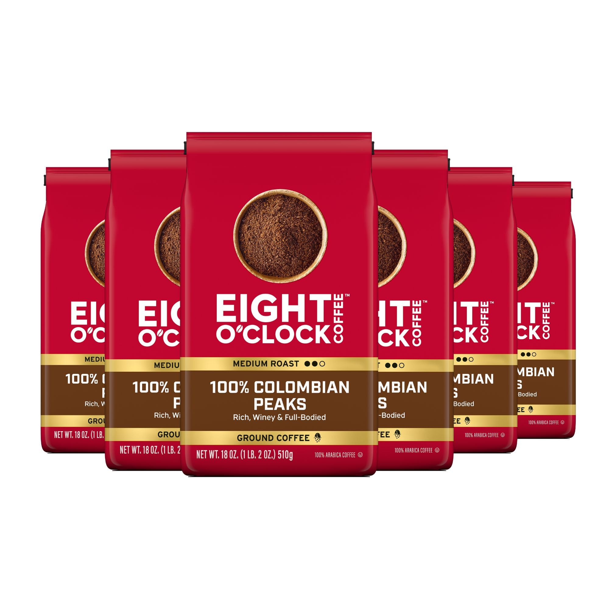 Eight O'Clock Coffee 100% Colombian Peaks, Medium Roast, Whole Bean Coffee, 100% Arabica, Kosher Certified, 18 Ounce (Pack of 6) Image