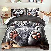 llyxsesty Cute Cat Comforter Set Twin,Grey Kawaii Cat Bedding Set Adult,Cute Animal Comforter for Boy,American Shorthair Bedding Grey,Kawaii Animal Print Quilt Bedroom Decor Kids