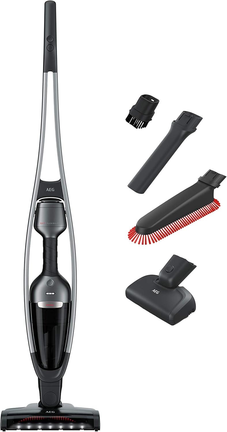 AEG QX9-1-ANIM 2in1 Akku-Staubsauger (beutellos, inkl. Tierhaardüse und Zubehörset, bis zu 55 Min. Laufzeit, freistehend, 180° Drehgelenk, Bürstenreinigungsfunktion, LED-Frontlichter, leise, grau)