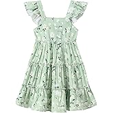 Jolyshlid Girl Summer Dress Floral Ruffle Sleeve A Line Swing Casual Dresses Tie Back Cute Tiered Sundress 4-12Y