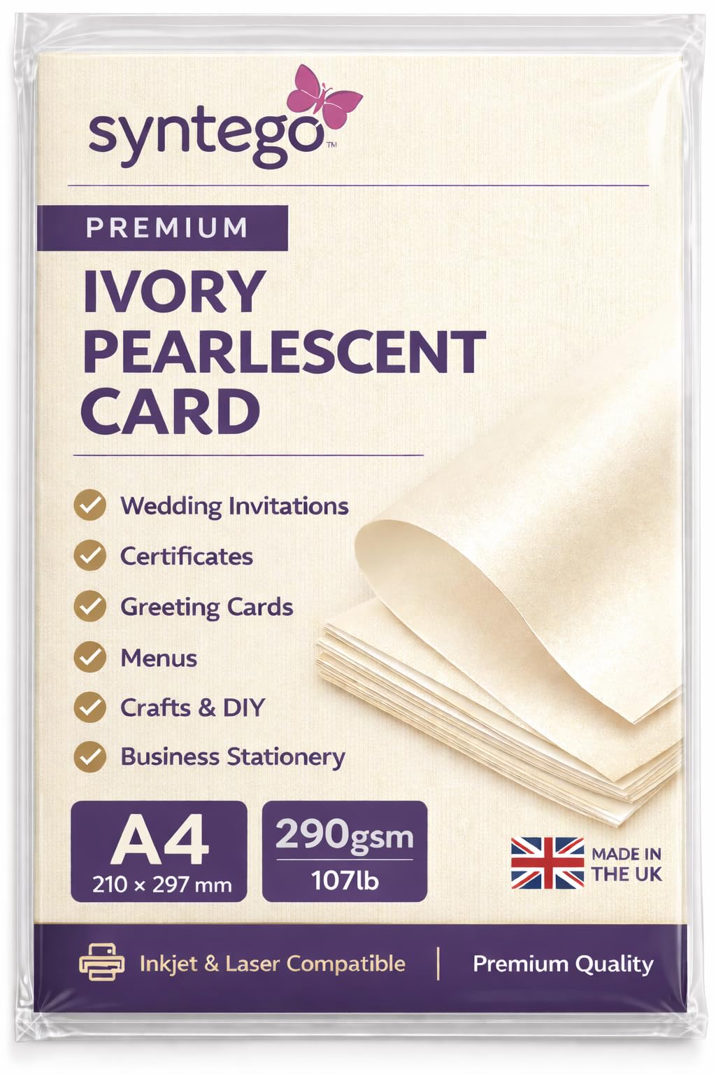 Syntego A4 Pearlescent Card – 290gsm / 107lb Double-Sided Metallic Cardstock for Invitations, Certificates, Crafts, Wedding Stationery & Professional Printing (10, Ivory)
