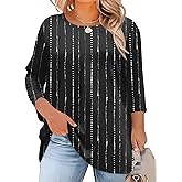 LOMON Womens Plus Size Tops 3/4 Length Sleeve Blouses Crew Neck Business Casual Tunic Tops with Asymmetrical Hem 1X-5X