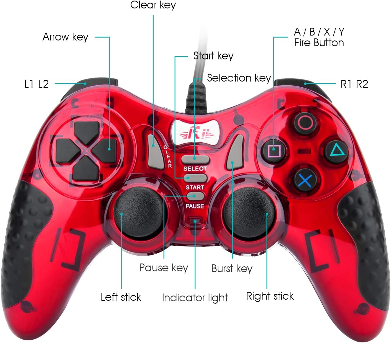 Gaming Wired Gamepad Controller Rii GP500 for PC Windows 98 XP 7 8 10 Games Playstation 3 STEAM Gaming with Joystick Dual Vibration Asymmetric USB Joy pad Handler (TURB 12 FIRE Buttons 4 AXLS): Computers & Accessories