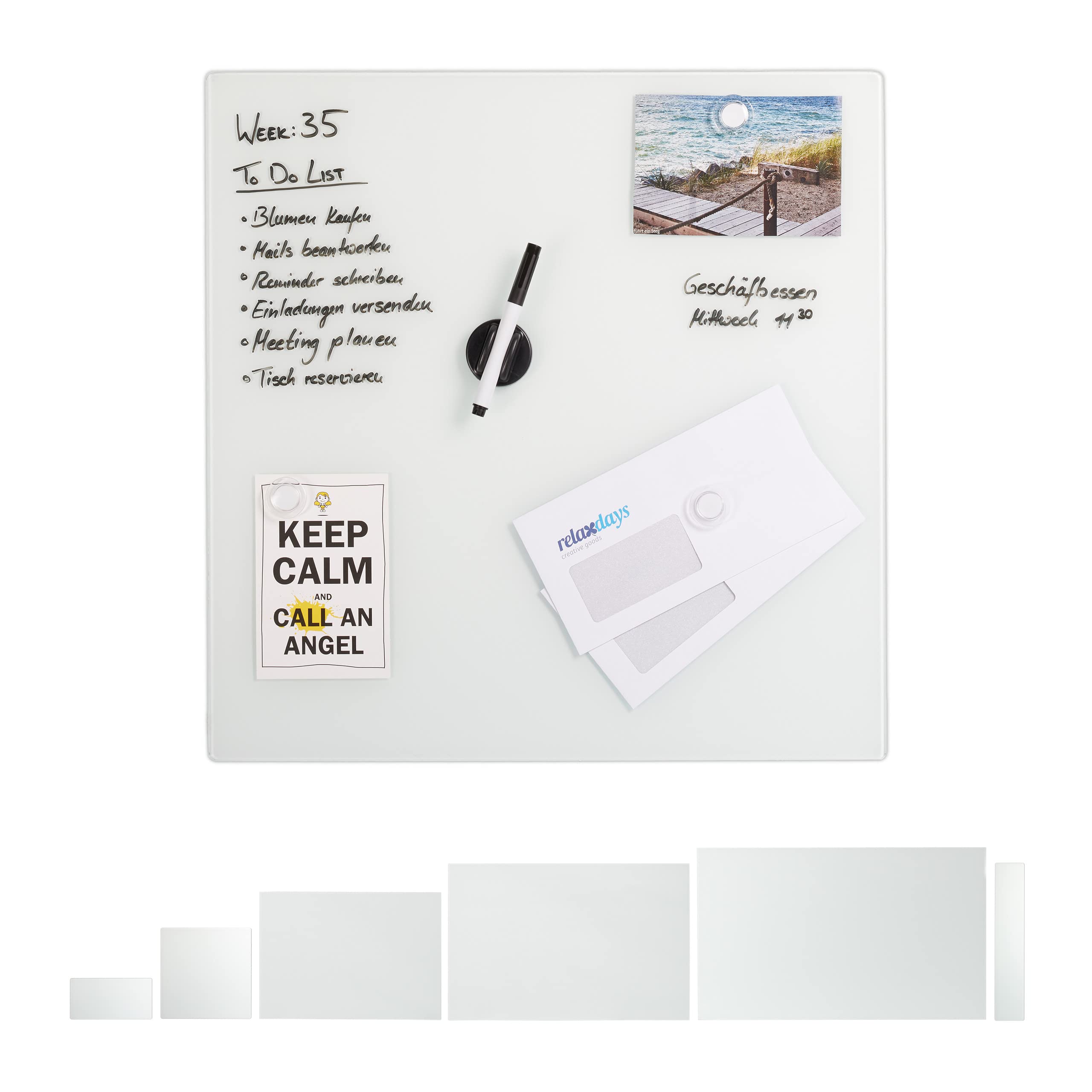 Relaxdays Glass Magnetic Dry Erase Memo Board, Writable, 3 Magnets, Safety Glass Magnet Board, White
