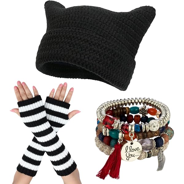 Cat Ear Hat Fingerless Gloves Stackable Bracelets Grunge Emo Set Amazon.com: therian Stuff - Emo & Y2K Fusion: Cat-Ear Beanie  main image 4