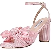 VIMISAOI Women's Bow Knot Heeled Sandals Open Toe High Block Chunky Heels Ankle Buckle Strap Pleated Bride Wedding Party Dress Shoes