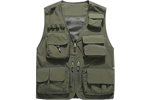 Flygo Men's Casual Lightweight Outdoor Fishing Work Safari Travel Photo Cargo Vest Jacket Multi Pockets