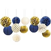 NICROLANDEE Navy Blue and Gold Decorations, 12PCS Hanging Paper Lanterns Tissue Pom Poms Decor for Graduation Party, Winter Wedding, Mens Birthday, Memorial Day Decorations, New Years Party Supplies