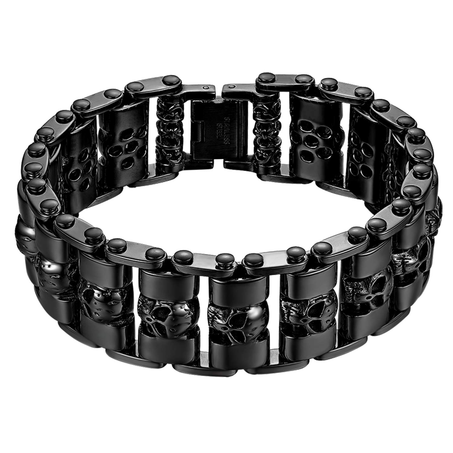 Flongo Men's Gothic Black Stainless Steel Heavy Biker Skull Link Wrist Bracelet, 8.9 inch
