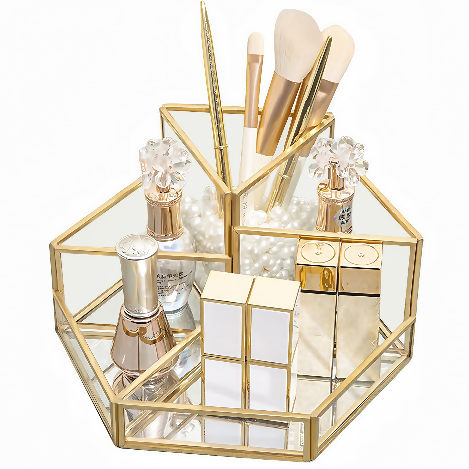 SLHEQING Makeup Organiser, Cosmetics Organiser Gold Makeup Brush Holder, Glass Skincare Organiser, Clear Dressing Table Organiser — image 1