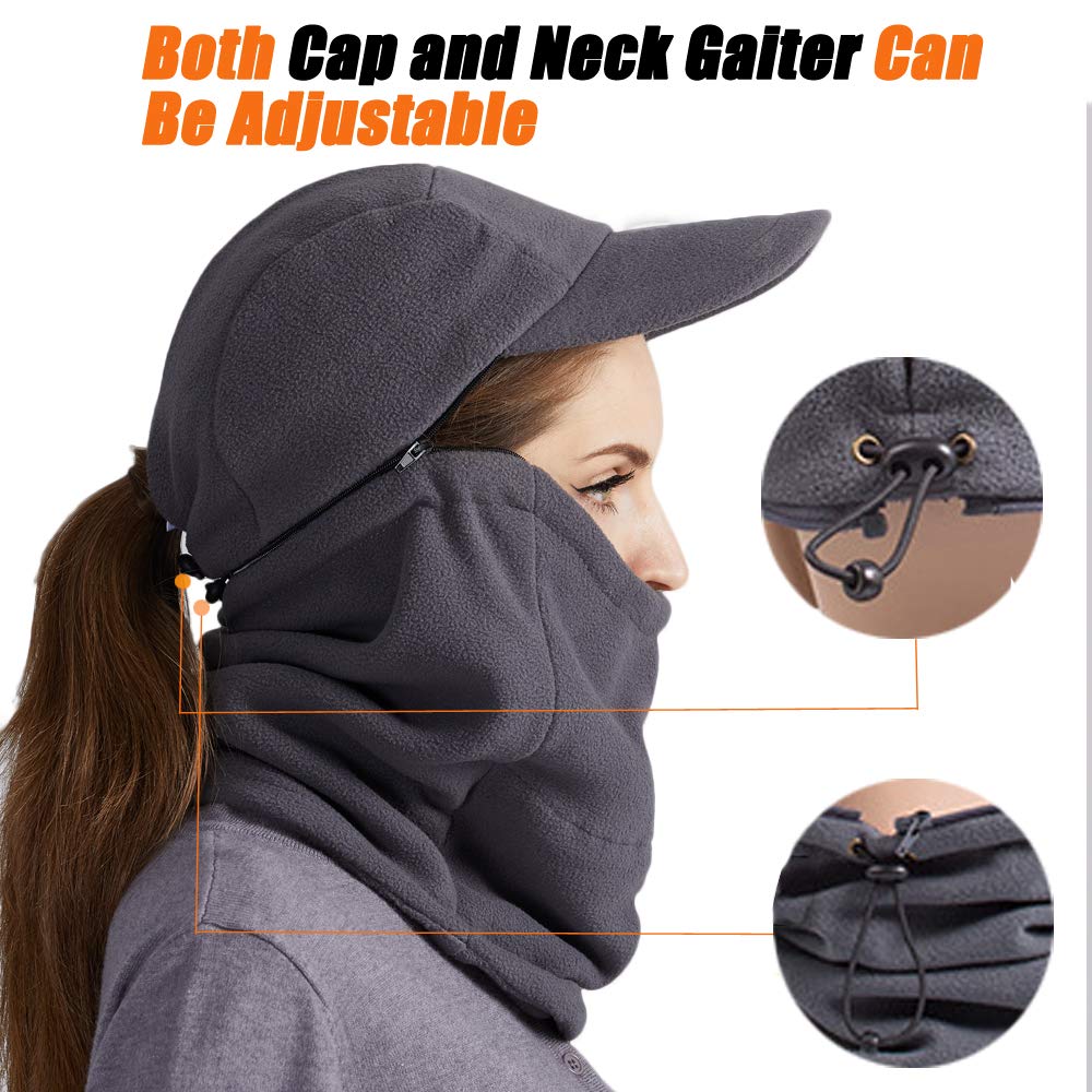 ToVii Winter Fleece Balaclava Hood Sets Ski Face Mask with Detachable Neck Warmer Windproof Thermal Protective Headgear Cap Grey