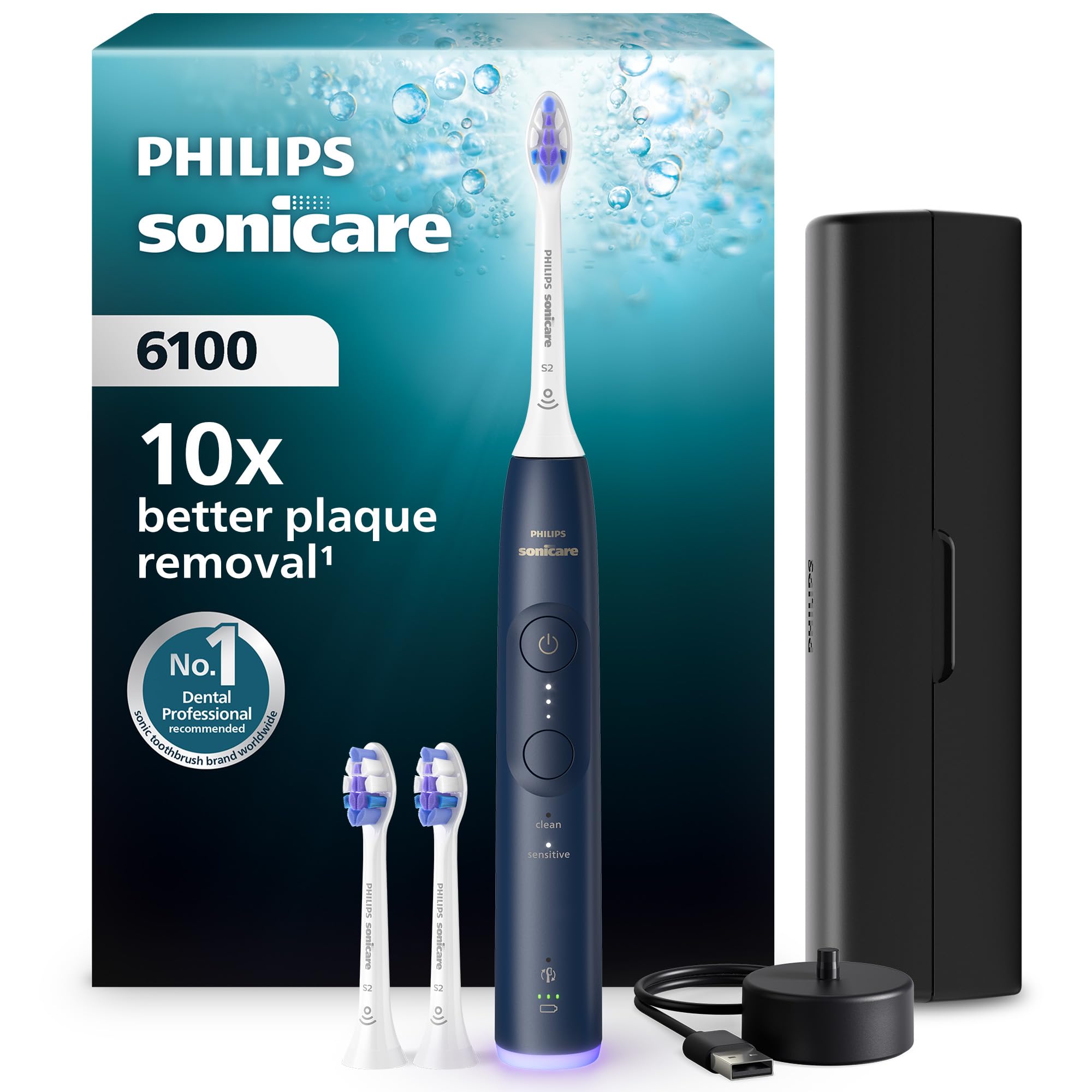 Philips Sonicare 6100 elektrische Zahnbürste, Schallzahnbürste, 2 Putzmodi, 3 Intensitätsstufen, Andruckkontrolle, EasyStart, SmarTimer, Reiseetui, Marineblau, Modell HX7403/01 [Neue Technologie]