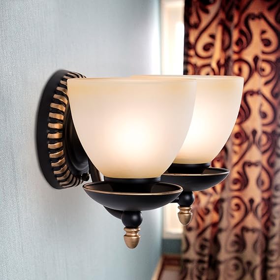 2Light Black Wrought Iron Wall Sconce with Glass Shades (E20372W