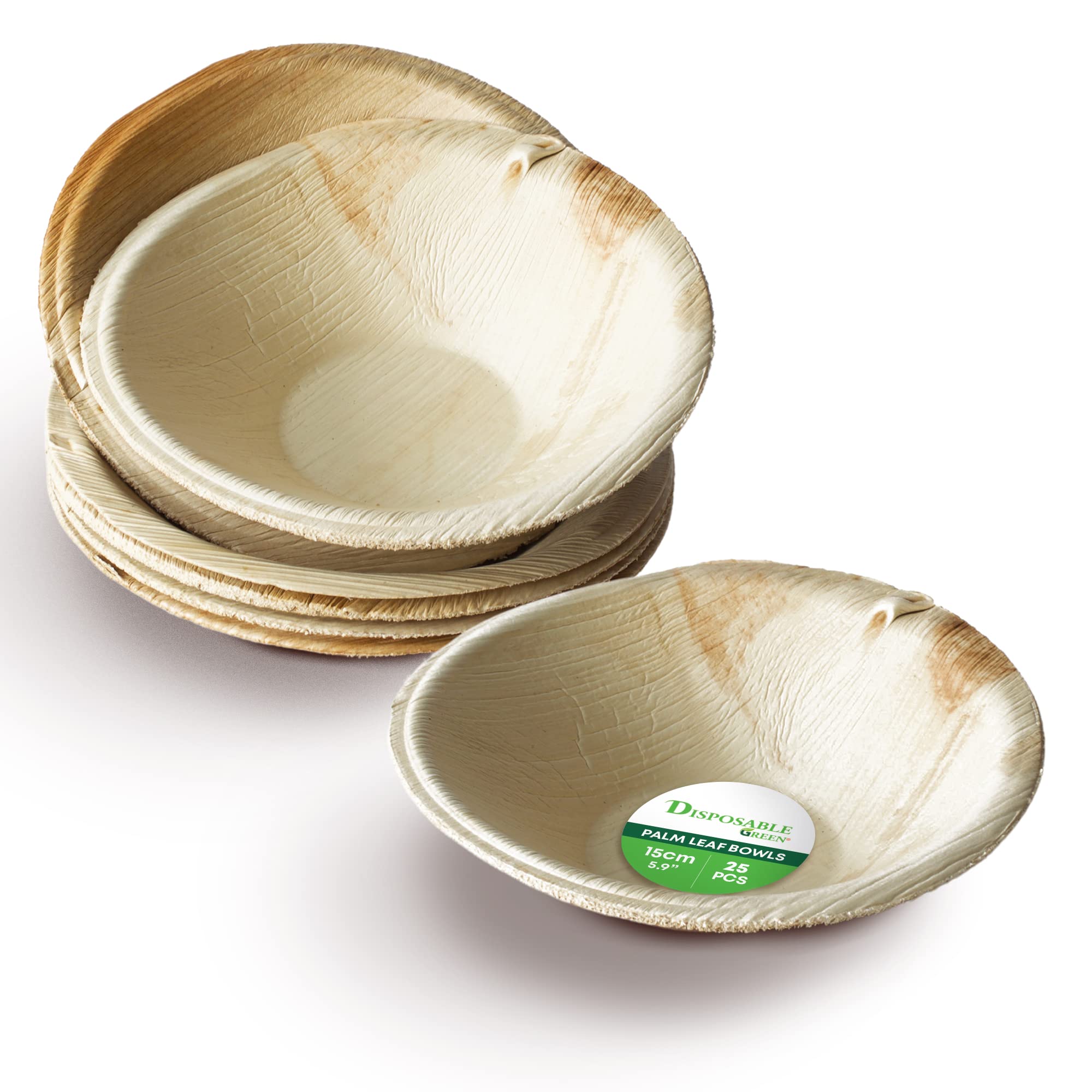 DISPOSABLE GREEN – Round Disposable Bowls, Areca Leaf Serving Bowls, Serving Bowls for Parties, Weddings, Catering, & More, Disposable Bowls for Hot Food & Cold Food, 15cm Round x 3.5cm Deep, 25-Pcs