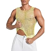 ChiaoLezhee Rhinestones Rave Outfits, Sparkly Mesh Tank Tops, Men's Sexy Sheer Fishnet Shirt for Music Festival