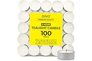 Zuvo Tea Lights Candles 4 Hour Burn (100 Pack) - White Lights - 1.5"W x 1"H Smokeless & Unscented Candles - Party Candles- for Weddings, Home Decor