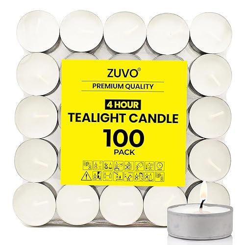 Zuvo 4-Hour Unscented Tea Light Candles (100-Pack) - Long-Lasting with Cotton Wicks, Clean Burning, 3.8 × 1.3 cm, White