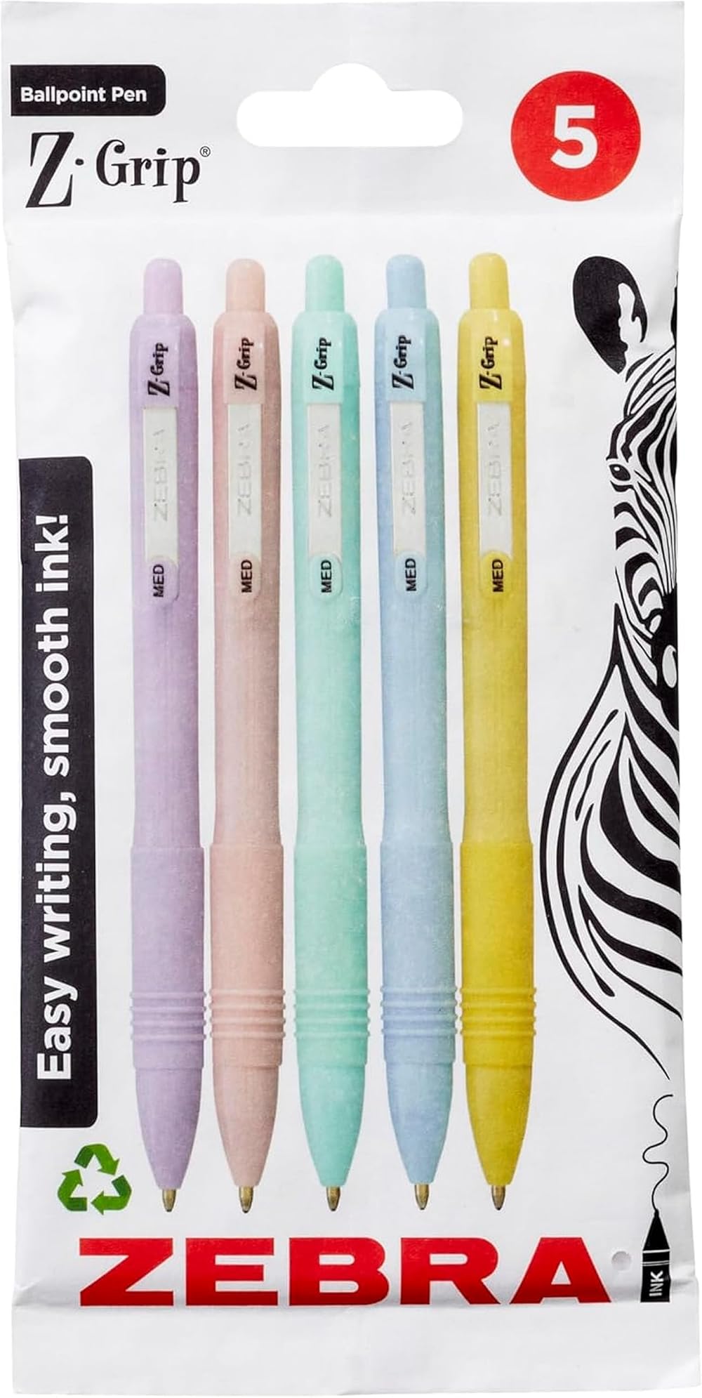 Zebra Pen Z-Grip Smooth Ballpoint Pens Black Ink 5 Pack Pastel Shoulder Barrel