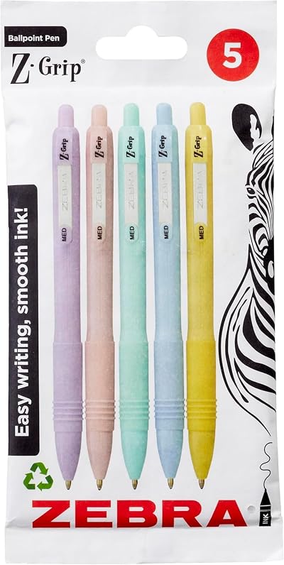 Zebra Pen Z-Grip Smooth Ballpoint Pens Black Ink 5 Pack Pastel Shoulder Barrel