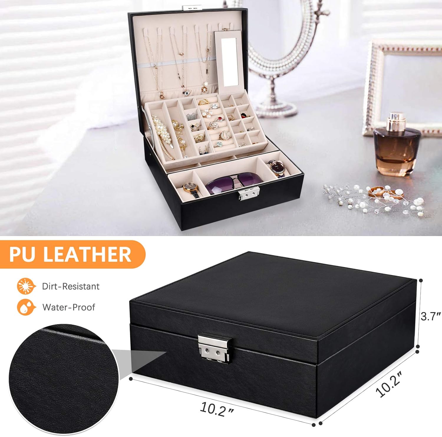 Womens Jewelry Boxes Jewelry Organizer Box with Coded Lock, Black Large Jewelry Storage Box for Women Girls Two Layers 36 Compartments, Jewelry Holder Bracelets Necklaces Earrings Organizer: Home Improvement