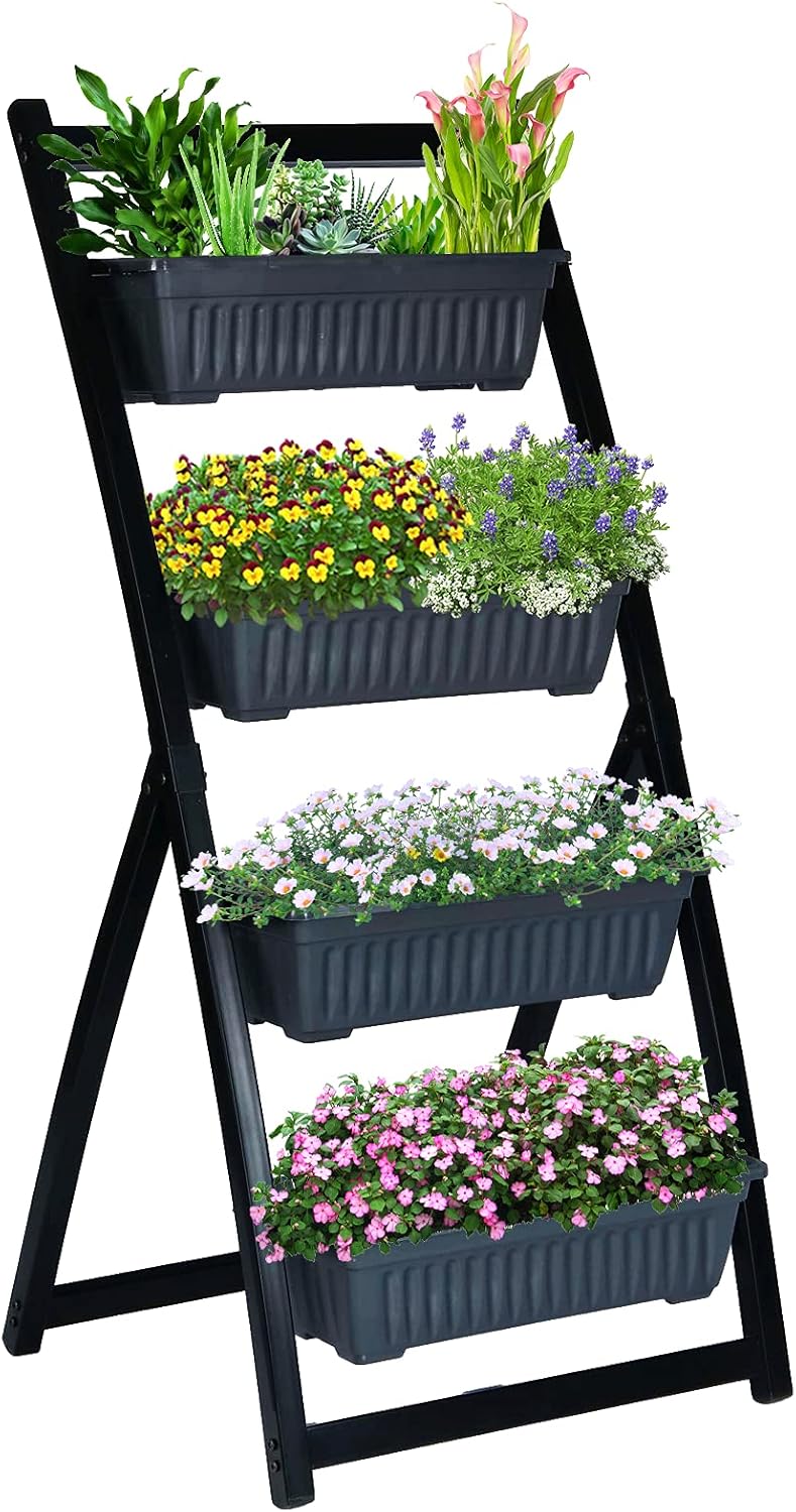 KINGSO Vertical Raised Garden Bed 4Ft Freestanding Elevated Garden Planters Boxes 4 Tier with Container Boxes Vertical Planter Boxes for Herb Flower Vegetable Balcony Outdoor Indoor
