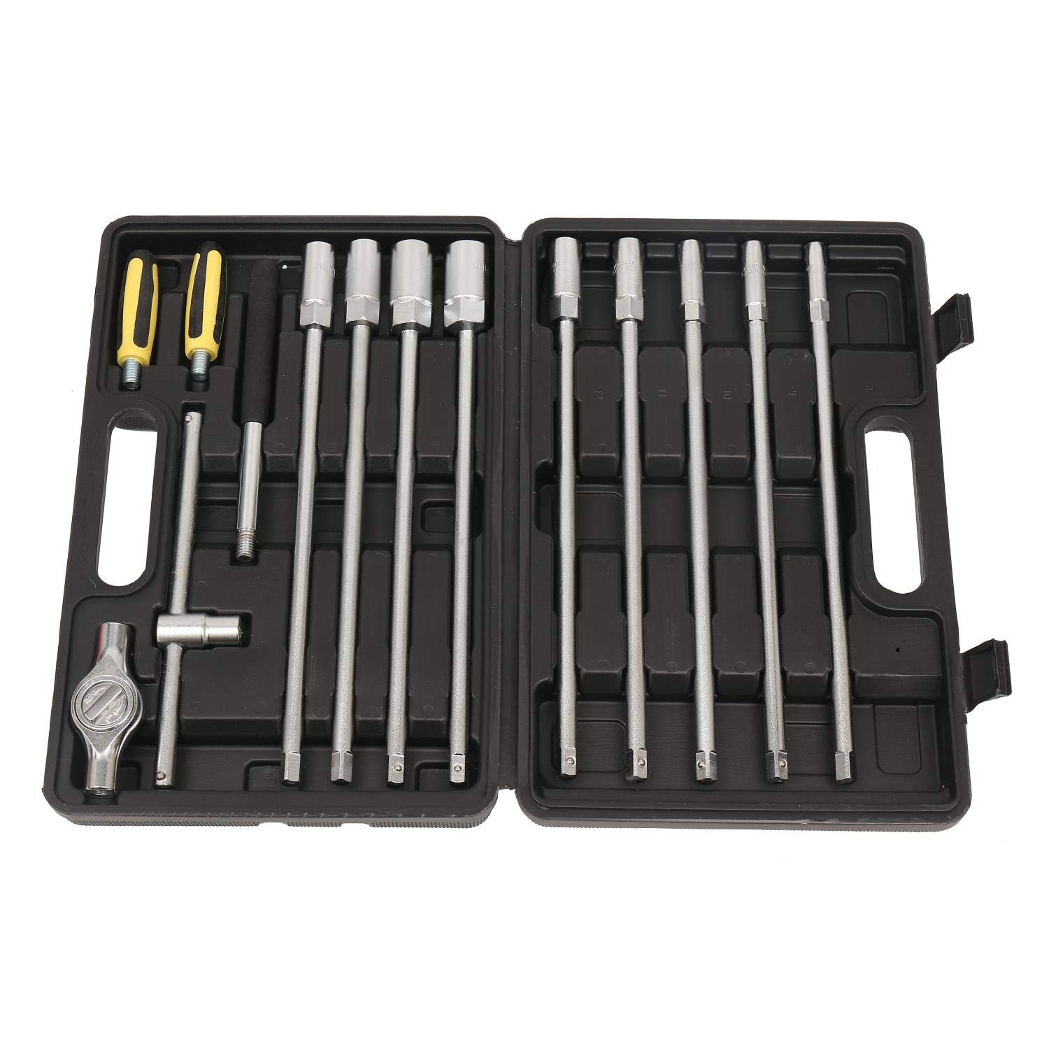 KATSU 3/8" Extra Long Hex Socket Set 12PCs 8-19mm Metric Size with Quick-Released Ratchet Handle + Extension Bar + 200mm T Sliding Bar Joint, Chrome Vanadium Steel, Auto Repairing Mechanic Tool