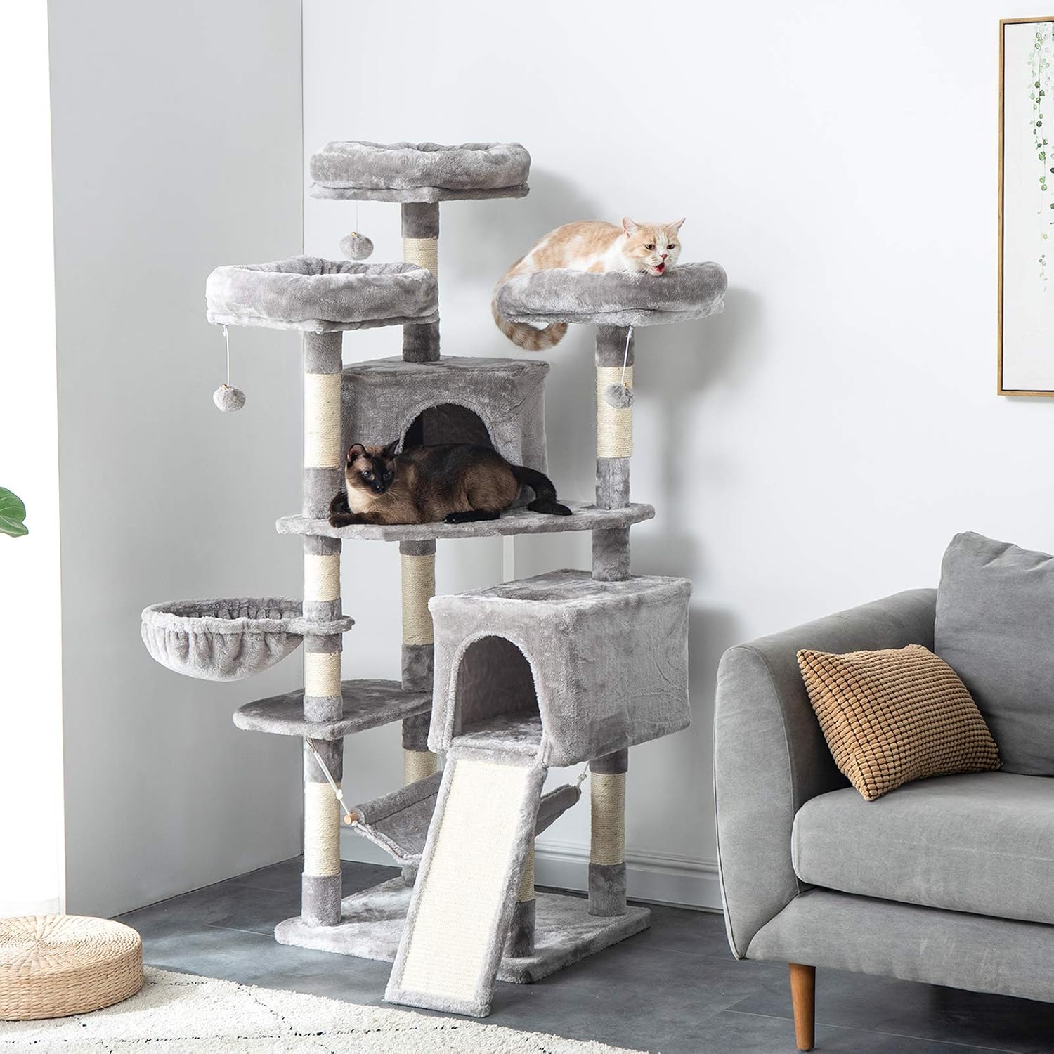 IBUYKE 63inches Multi-Level Cat Tree Tower for Large Cats Play Furniture Cat Condo with Sisal Scratching Posts&Board, Platforms, Hammock Basket, Dangling Balls, Light Gray UCT021W : Pet Supplies